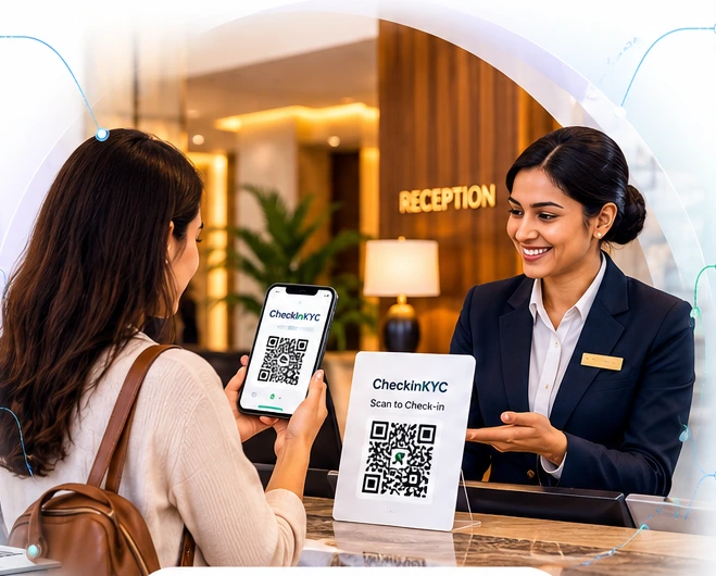 A guest scans the hotel's QR code while the receptionist smiles