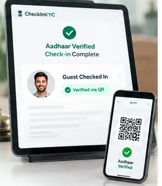 A reception tablet showing Aadhaar verified and check-in complete